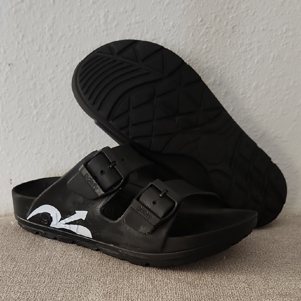 Gdefy Black Sandals with White Design